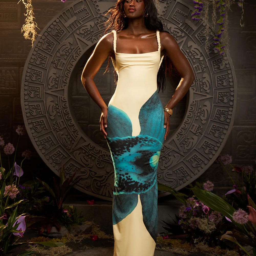 Cream Maxi Dress with Teal Floral Accent